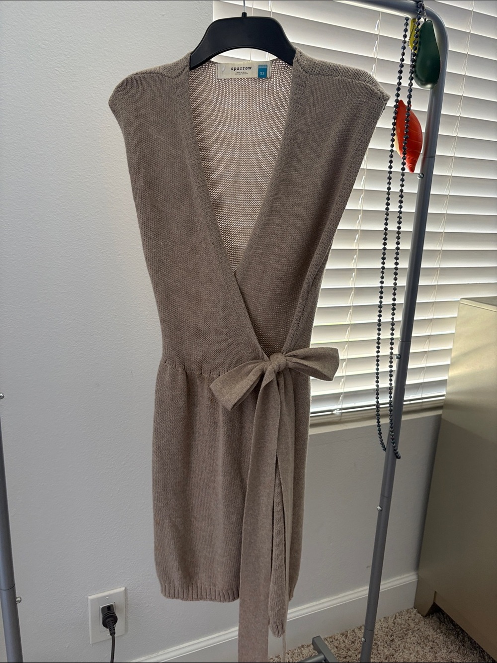 Sparrow Taupe Wrap Knit Sleeveless Dress with Tie